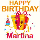 A vibrant and funny gift box character with a happy face dancing with a cupcake and the text 'Happy Birthday Martina,' surrounded by animated confetti and party vibes.