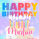 A vibrant animated name GIF with the words 'Happy Birthday Martine' with colorful candles on a creamy cake. The background sparkles with pastel shades, adding a festive touch.