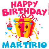 A vibrant and funny gift box character with a happy face dancing with a cupcake and the text 'Happy Birthday Martirio,' surrounded by animated confetti and party vibes.