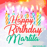 Bright birthday candles with rainbow flames on a cake, alongside the text 'Happy Birthday Martita' in vibrant script in this celebratory animated GIF.
