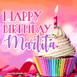 A vibrant birthday GIF featuring a rainbow-colored cupcake topped with white frosting, sprinkles, and a lit candle. The text reads 'Happy Birthday Martita' in bold pink and violet letters with white outline.
