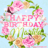 A charming animated GIF featuring 'Happy Birthday Martita' in pink and green text, surrounded by delicate roses, leaves, and fluttering butterflies on a soft light blue pastel background.