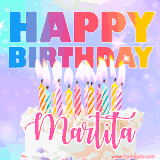A vibrant animated name GIF with the words 'Happy Birthday Martita' with colorful candles on a creamy cake. The background sparkles with pastel shades, adding a festive touch.