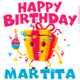 A vibrant and funny gift box character with a happy face dancing with a cupcake and the text 'Happy Birthday Martita,' surrounded by animated confetti and party vibes.