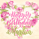 A stunning heart made of pink roses surrounds the elegant script text 'Happy Birthday Martixa' on a soft beige background. Animated sparkles add a magical and festive feel.