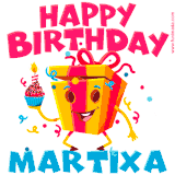 A vibrant and funny gift box character with a happy face dancing with a cupcake and the text 'Happy Birthday Martixa,' surrounded by animated confetti and party vibes.