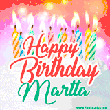 Bright birthday candles with rainbow flames on a cake, alongside the text 'Happy Birthday Martta' in vibrant script in this celebratory animated GIF.