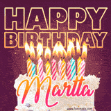 A colorful birthday cake topped with lit candles, with the words 'Happy Birthday Martta' in bold glowing letters on a burgundy background. Animated flames add a festive touch.