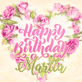 A stunning heart made of pink roses surrounds the elegant script text 'Happy Birthday Martta' on a soft beige background. Animated sparkles add a magical and festive feel.