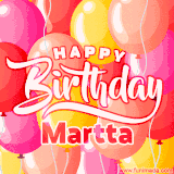 A vibrant name GIF featuring colorful balloons in shades of pink, orange, and yellow with the bold text 'Happy Birthday Martta' in festive fonts, creating a lively birthday vibe.