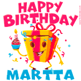 A vibrant and funny gift box character with a happy face dancing with a cupcake and the text 'Happy Birthday Martta,' surrounded by animated confetti and party vibes.