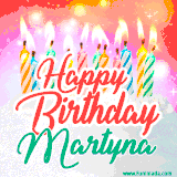 Bright birthday candles with rainbow flames on a cake, alongside the text 'Happy Birthday Martyna' in vibrant script in this celebratory animated GIF.