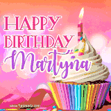 A vibrant birthday GIF featuring a rainbow-colored cupcake topped with white frosting, sprinkles, and a lit candle. The text reads 'Happy Birthday Martyna' in bold pink and violet letters with white outline.