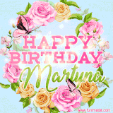 A charming animated GIF featuring 'Happy Birthday Martyna' in pink and green text, surrounded by delicate roses, leaves, and fluttering butterflies on a soft light blue pastel background.