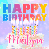 A vibrant animated name GIF with the words 'Happy Birthday Martyna' with colorful candles on a creamy cake. The background sparkles with pastel shades, adding a festive touch.