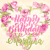 A stunning heart made of pink roses surrounds the elegant script text 'Happy Birthday Martyna' on a soft beige background. Animated sparkles add a magical and festive feel.