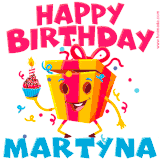 A vibrant and funny gift box character with a happy face dancing with a cupcake and the text 'Happy Birthday Martyna,' surrounded by animated confetti and party vibes.
