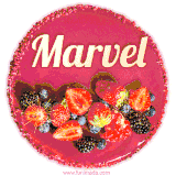 Beautifully decorated red velvet berry birthday cake with vibrant fruits and a glowing 'Marvel' name, adding a touch of sweetness and sparkle.