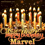 A glowing personalized birthday GIF with name Marvel featuring lit candles with intricate designs, warm lighting, and the text 'Happy Birthday' in an elegant font.