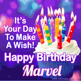 A colorful birthday GIF for Marvel featuring a cupcake with vibrant lit candles and the text 'It's Your Day to Make a Wish! Happy Birthday Marvel' in bold letters on a festive purple background.