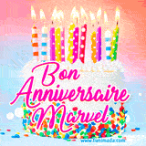 A white birthday cake covered in colorful sprinkles, topped with bright candles, and French text 'Bon Anniversaire Marvel' on a pastel gradient background in an animated GIF.