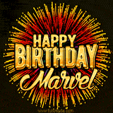 Golden 'Happy Birthday Marvel' text accompanied by animated rainbow fireworks for a festive animated greeting.