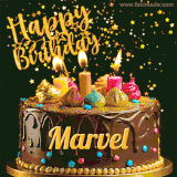 A delightful chocolate birthday cake with bright candles and 'Happy Birthday Marvel' written in gold amidst a shower of animated stars.