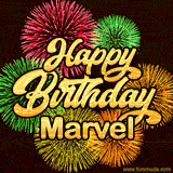 Golden text reading 'Happy Birthday Marvel' surrounded by vibrant fireworks in red, green, and yellow, set against a dark background in this celebratory birthday GIF.
