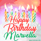 Bright birthday candles with rainbow flames on a cake, alongside the text 'Happy Birthday Marvella' in vibrant script in this celebratory animated GIF.
