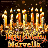A glowing personalized birthday GIF with name Marvella featuring lit candles with intricate designs, warm lighting, and the text 'Happy Birthday' in an elegant font.