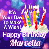 A colorful birthday GIF for Marvella featuring a cupcake with vibrant lit candles and the text 'It's Your Day to Make a Wish! Happy Birthday Marvella' in bold letters on a festive purple background.