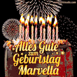 A chocolate birthday cake with glowing candles, the German text 'Alles Gute zum Geburtstag Marvella,' and vibrant fireworks lighting up the background in an animated GIF.