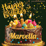 A delightful chocolate birthday cake with bright candles and 'Happy Birthday Marvella' written in gold amidst a shower of animated stars.