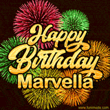 Golden text reading 'Happy Birthday Marvella' surrounded by vibrant fireworks in red, green, and yellow, set against a dark background in this celebratory birthday GIF.