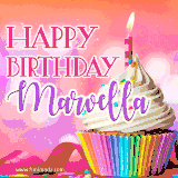 A vibrant birthday GIF featuring a rainbow-colored cupcake topped with white frosting, sprinkles, and a lit candle. The text reads 'Happy Birthday Marvella' in bold pink and violet letters with white outline.