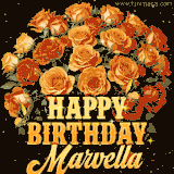 Animated bouquet of orange roses with moving butterfles and golden 'Happy Birthday Marvella' text, surrounded by sparkling accents and a dark backdrop for a luxurious feel.