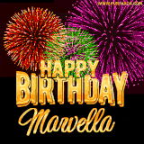 A golden 'Happy Birthday Marvella' message with vibrant fireworks in the background, creating a festive and celebratory vibe in this animated name GIF.