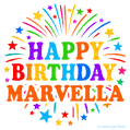 Happy Birthday Marvella' GIF with rainbow-colored letters, colorful stars, and fireworks on white background.