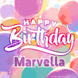 A vibrant name GIF featuring colorful balloons in shades of pink, orange, and yellow with the bold text 'Happy Birthday Marvella' in festive fonts, creating a lively birthday vibe.