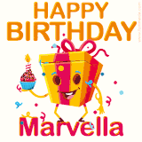 A vibrant and funny gift box character with a happy face dancing with a cupcake and the text 'Happy Birthday Marvella,' surrounded by animated confetti and party vibes.