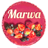 Beautifully decorated red velvet berry birthday cake with vibrant fruits and a glowing 'Marwa' name, adding a touch of sweetness and sparkle.