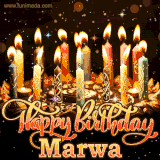 A glowing personalized birthday GIF with name Marwa featuring lit candles with intricate designs, warm lighting, and the text 'Happy Birthday' in an elegant font.
