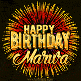 Golden 'Happy Birthday Marwa' text accompanied by animated rainbow fireworks for a festive animated greeting.