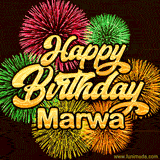 Golden text reading 'Happy Birthday Marwa' surrounded by vibrant fireworks in red, green, and yellow, set against a dark background in this celebratory birthday GIF.
