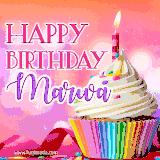 A vibrant birthday GIF featuring a rainbow-colored cupcake topped with white frosting, sprinkles, and a lit candle. The text reads 'Happy Birthday Marwa' in bold pink and violet letters with white outline.