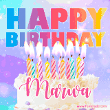 A vibrant animated name GIF with the words 'Happy Birthday Marwa' with colorful candles on a creamy cake. The background sparkles with pastel shades, adding a festive touch.