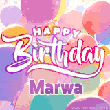 A vibrant name GIF featuring colorful balloons in shades of pink, orange, and yellow with the bold text 'Happy Birthday Marwa' in festive fonts, creating a lively birthday vibe.
