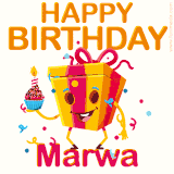 A vibrant and funny gift box character with a happy face dancing with a cupcake and the text 'Happy Birthday Marwa,' surrounded by animated confetti and party vibes.