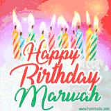 Bright birthday candles with rainbow flames on a cake, alongside the text 'Happy Birthday Marwah' in vibrant script in this celebratory animated GIF.