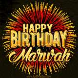 Golden 'Happy Birthday Marwah' text accompanied by animated rainbow fireworks for a festive animated greeting.